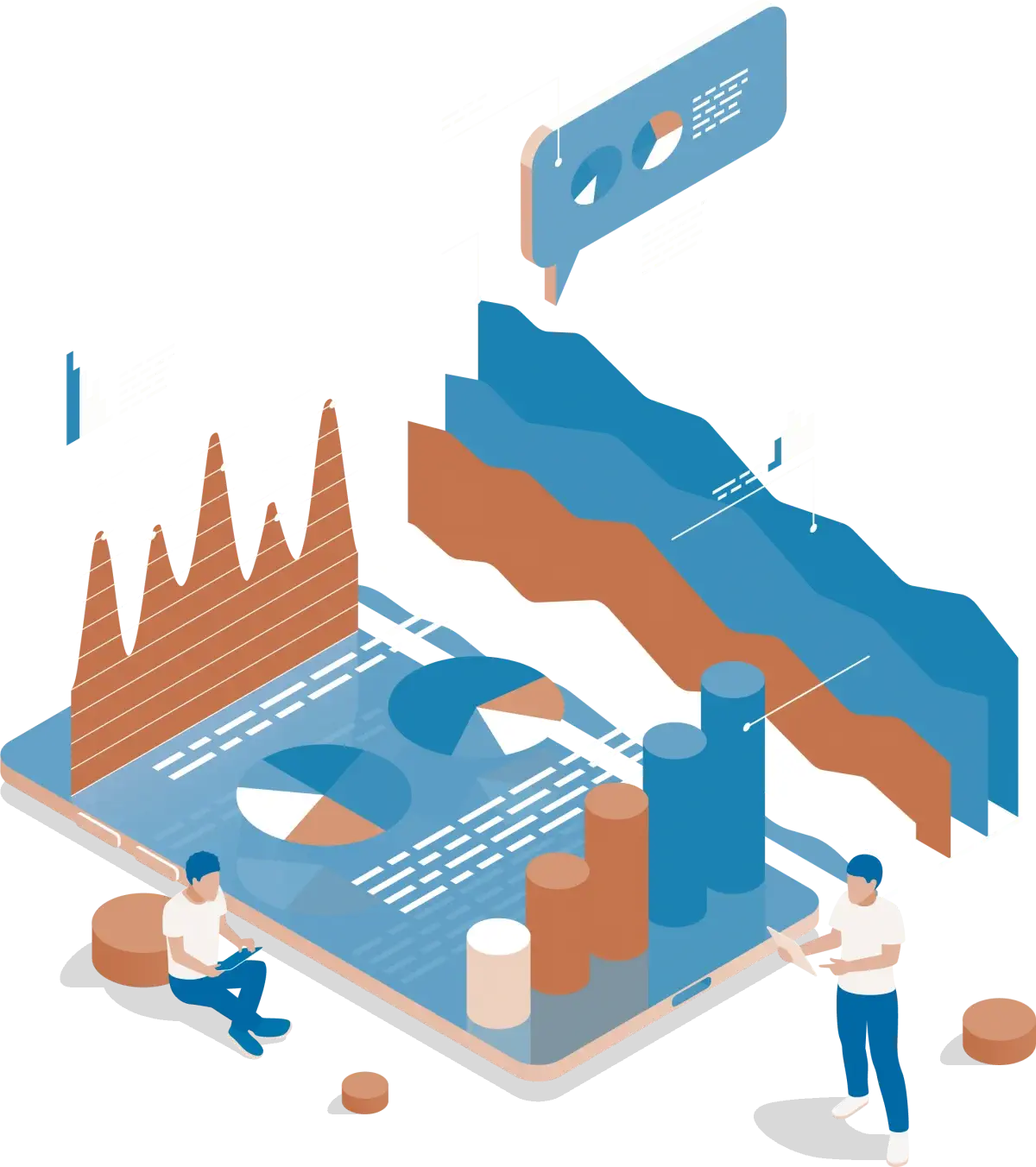 Vector graphic of 3D graphics and two persons checking something on tablets